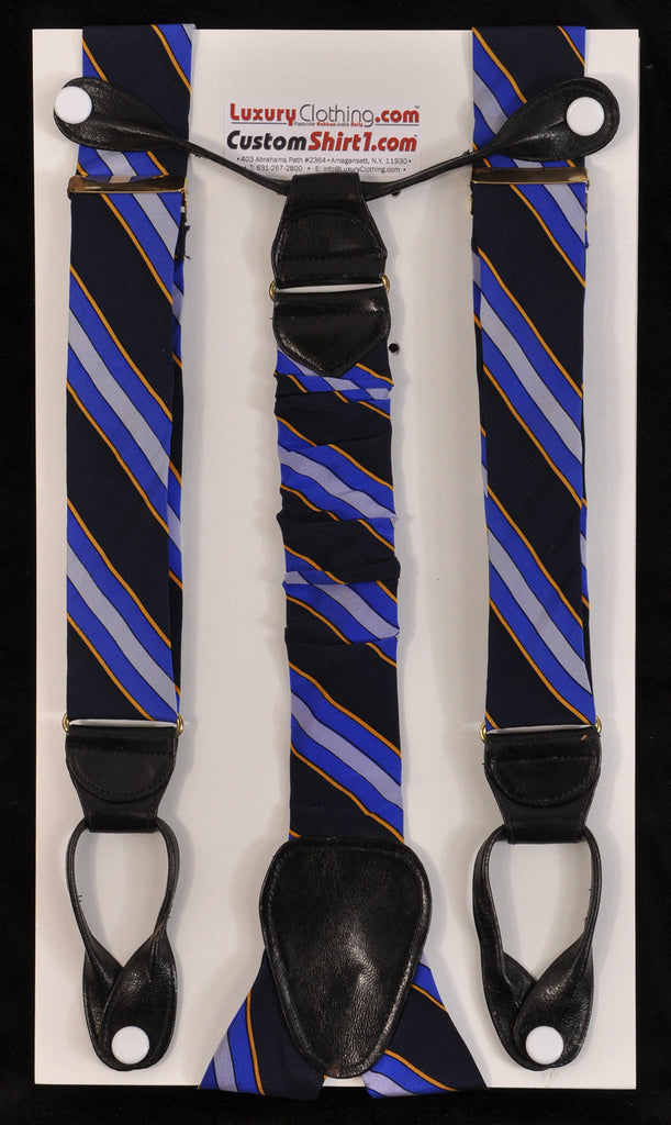 SAMPLE-Only One Available: Kabbaz-Kelly Handmade Braces - Navy with Blue & Gold Stripes & Black Leather