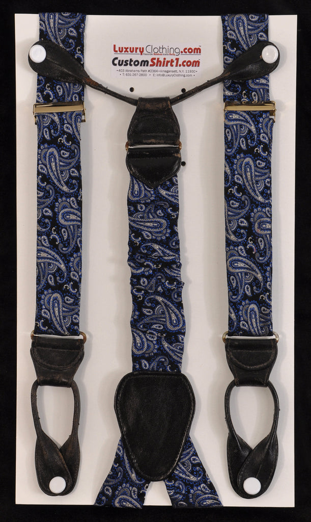 SAMPLE-Only One Available: Kabbaz-Kelly Handmade Braces - Navy with Blue & Silver Paisley & Black Leather