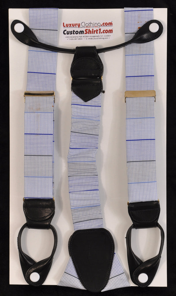SAMPLE-Only One Available: Kabbaz-Kelly Handmade Braces - Blue Horizontal Stripe Swiss Cotton & Black Leather