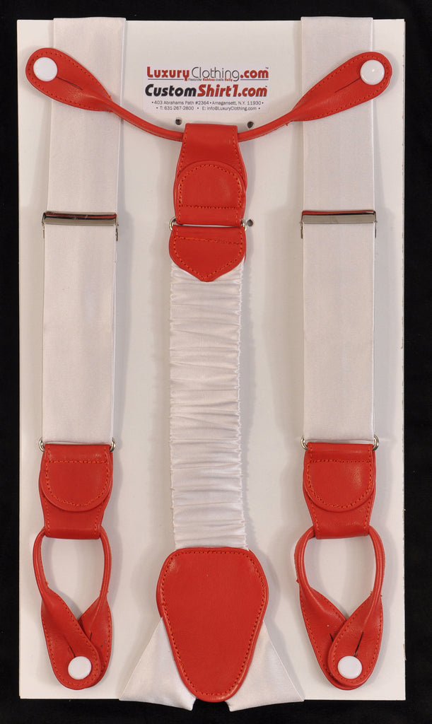 SAMPLE-Only One Available: Kabbaz-Kelly Handmade Braces - White Silk Satin & Red Lambskin Leather