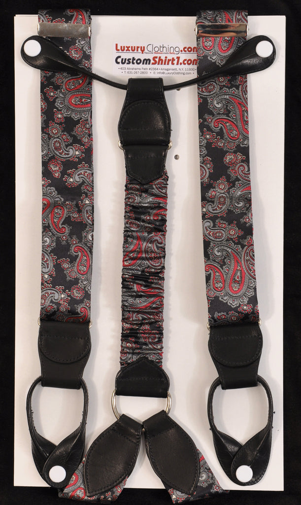 SAMPLE-Only One Available: Kabbaz-Kelly Handmade Braces - Black with Silver/Red Paisley Print & Black Leather