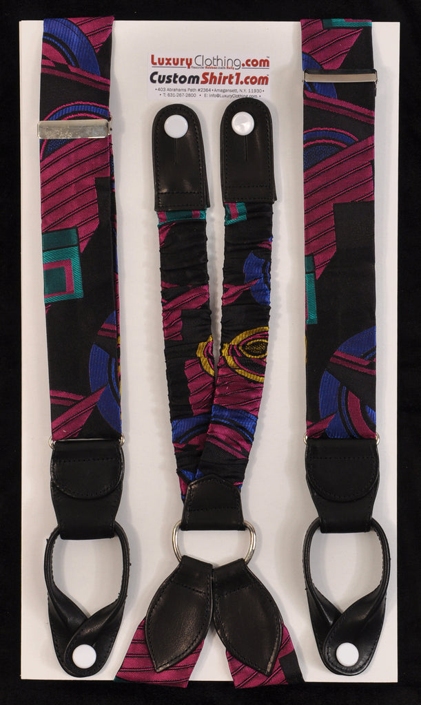 SAMPLE-Only One Available: Kabbaz-Kelly Handmade Braces - Black Art Deco Abstract & Black Leather