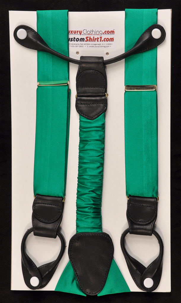 SAMPLE-Only One Available: Kabbaz-Kelly Handmade Braces - Green Silk Crepe de Chine & Black Leather