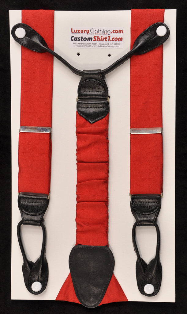 SAMPLE-Only One Available: Kabbaz-Kelly Handmade Braces - Red Dupioni Silk & Black Leather