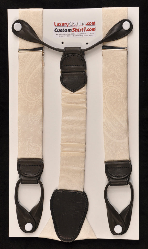 SAMPLE-Only One Available: Kabbaz-Kelly Handmade Braces - Winter White Ton-on-Tone Paisley & Black Leather