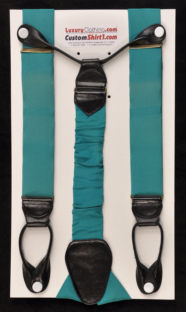 SAMPLE-Only One Available: Kabbaz-Kelly Handmade Braces - Dark Teal Silk Crepe de Chine & Black Leather