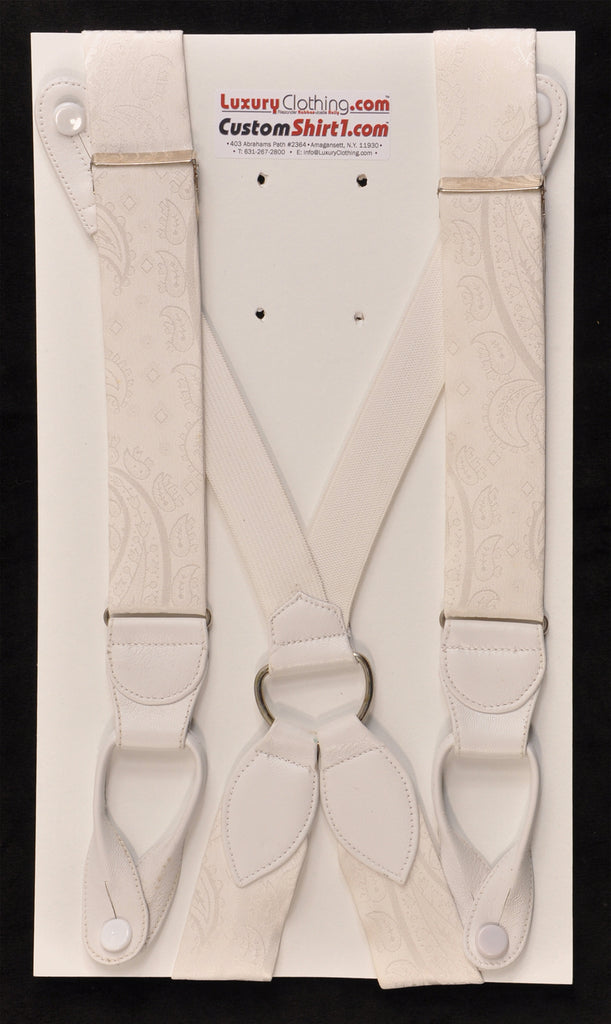 SAMPLE-Only One Available: Kabbaz-Kelly Handmade Braces - White Tone-on-Tone Paisley & White Leather