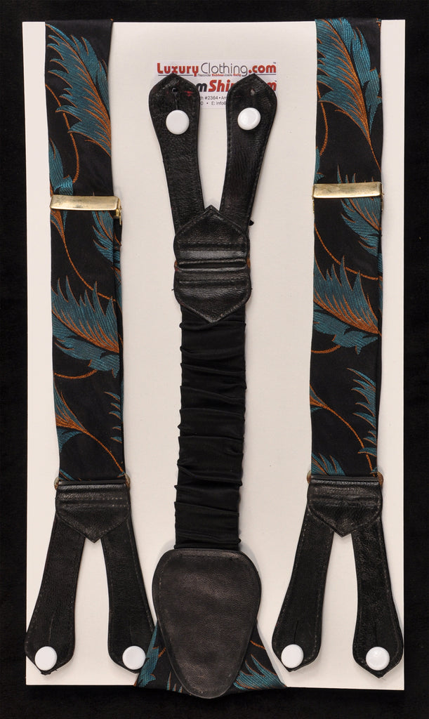 SAMPLE-Only One Available: Kabbaz-Kelly Handmade Braces - Teal Leaf Design & Black Leather
