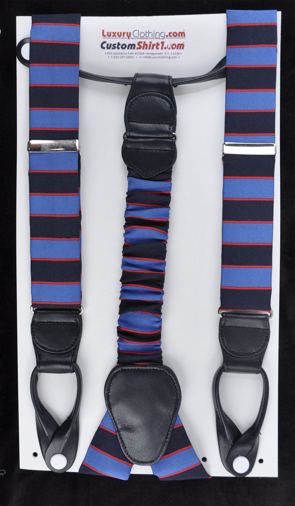 SAMPLE-Only One Available: Kabbaz-Kelly Handmade Braces - Blue Navy Red Regimental & Black Leather