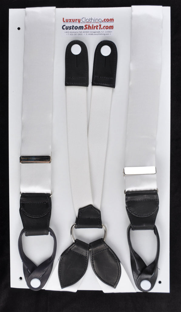 SAMPLE-Only One Available: Kabbaz-Kelly Handmade Braces - White Silk Satin & Black Leather