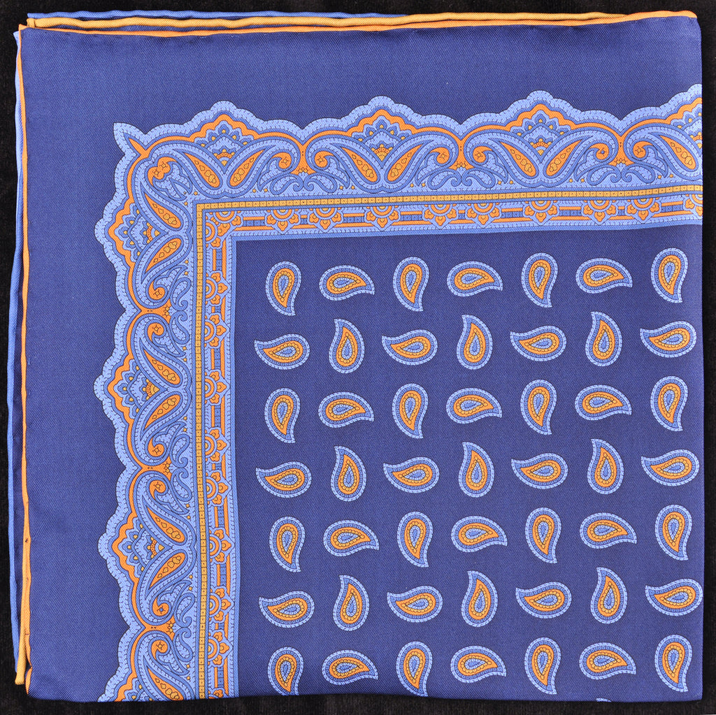 Pure Italian Silk Hand Rolled Pocket Square - Navy/Blue Paisley 001