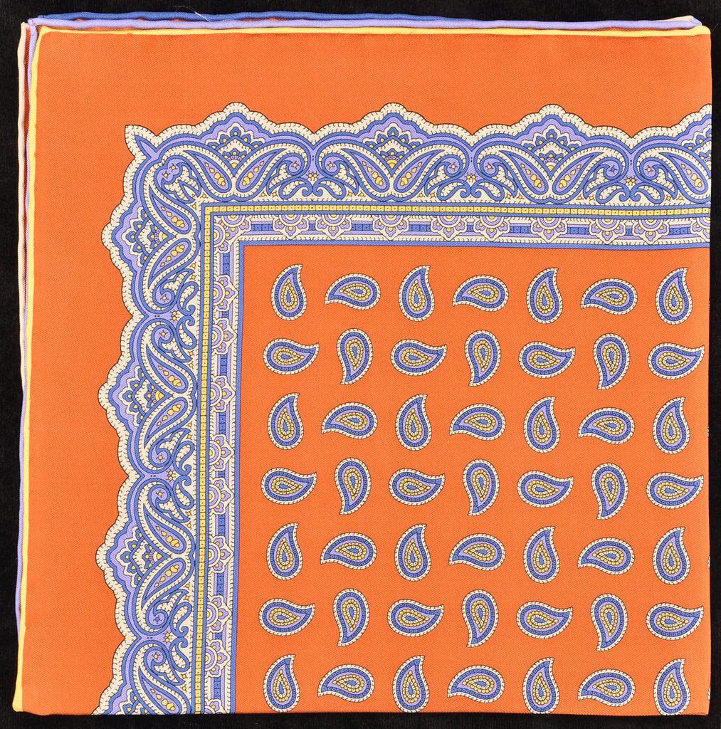 Pure Italian Silk Hand Rolled Pocket Square - Copper/Blue Paisley 003
