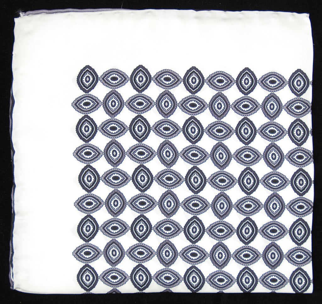 Pure Italian Silk Hand Rolled Pocket Square - White/Black Eyes 007