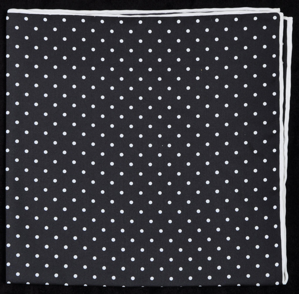Pure Italian Silk Hand Rolled Pocket Square - Black/White Dots 008