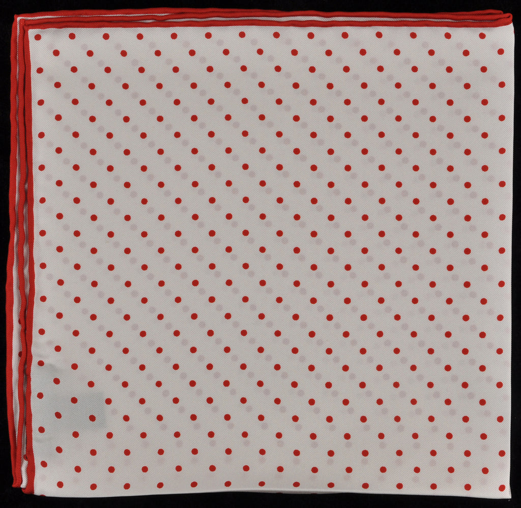 Pure Italian Silk Hand Rolled Pocket Square - White/Red Dots 011