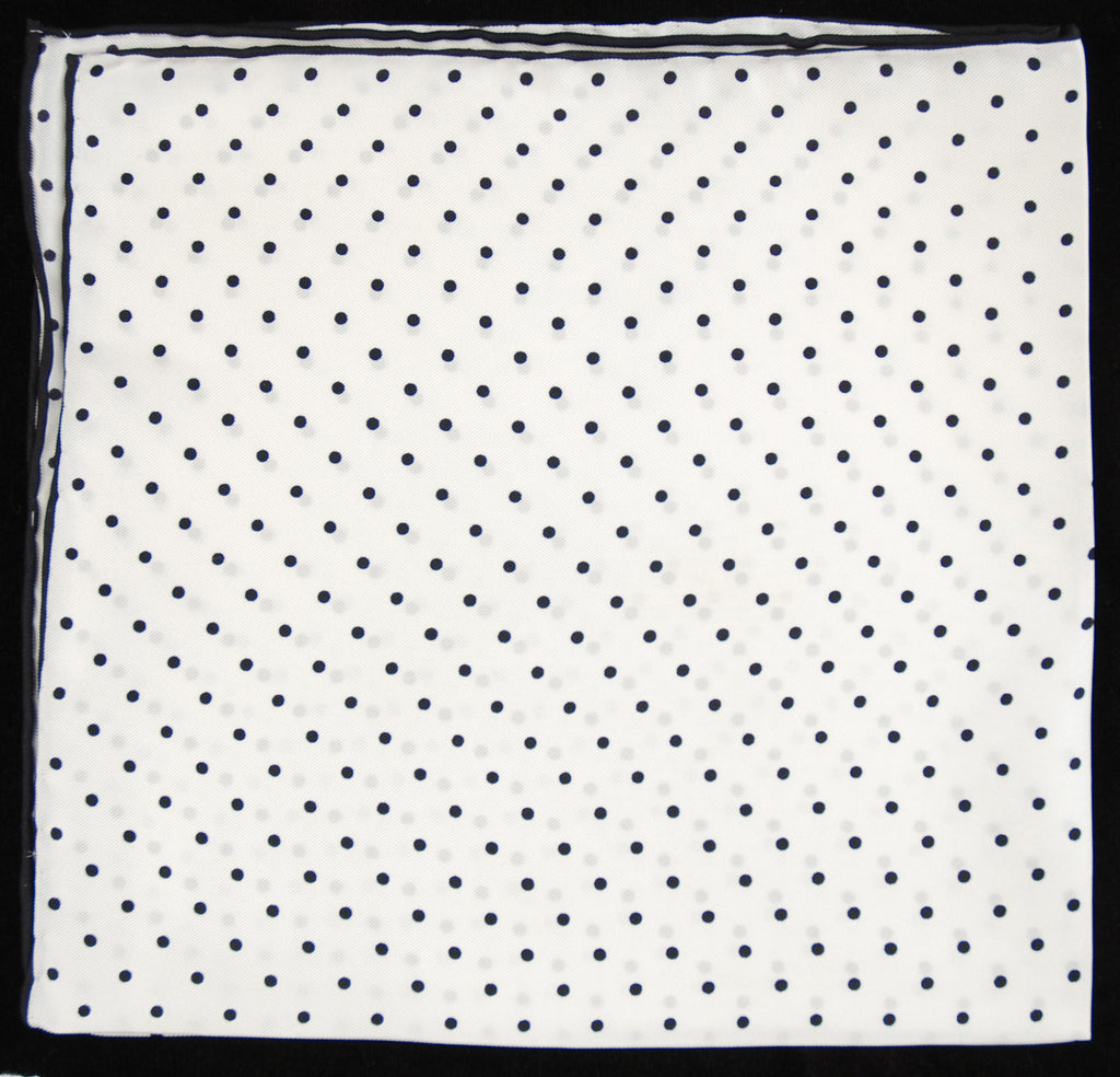 Pure Italian Silk Hand Rolled Pocket Square - White/Black Dots 012