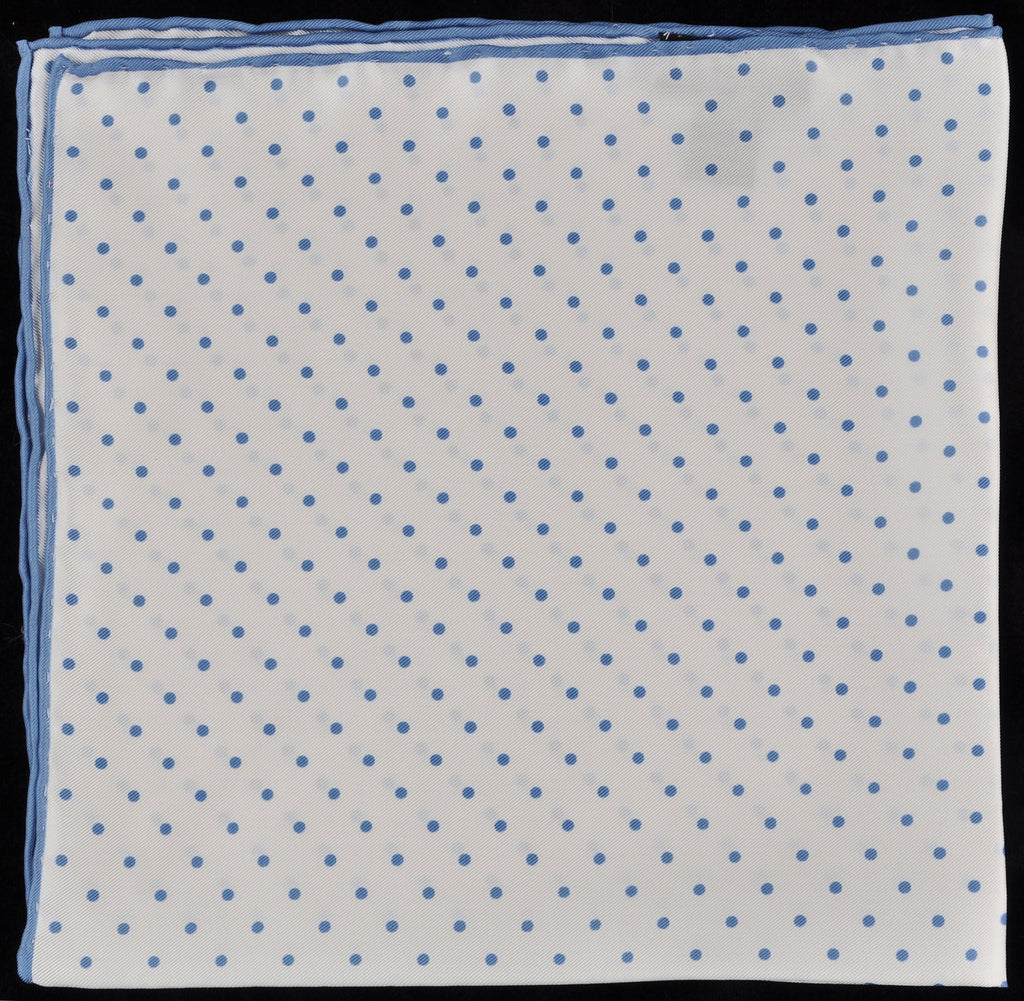 Pure Italian Silk Hand Rolled Pocket Square - White/Blue Dots 013