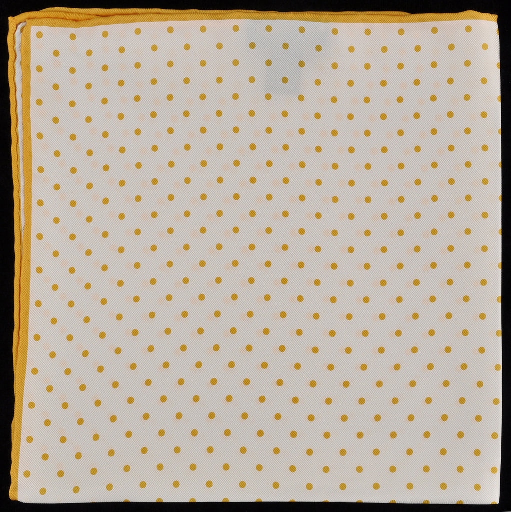 Pure Italian Silk Hand Rolled Pocket Square - White/Gold Dots 014