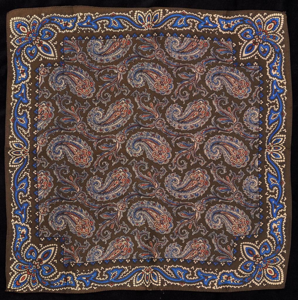 Antique Macclesfield English Silk Pocket Square - Brown Paisley 009