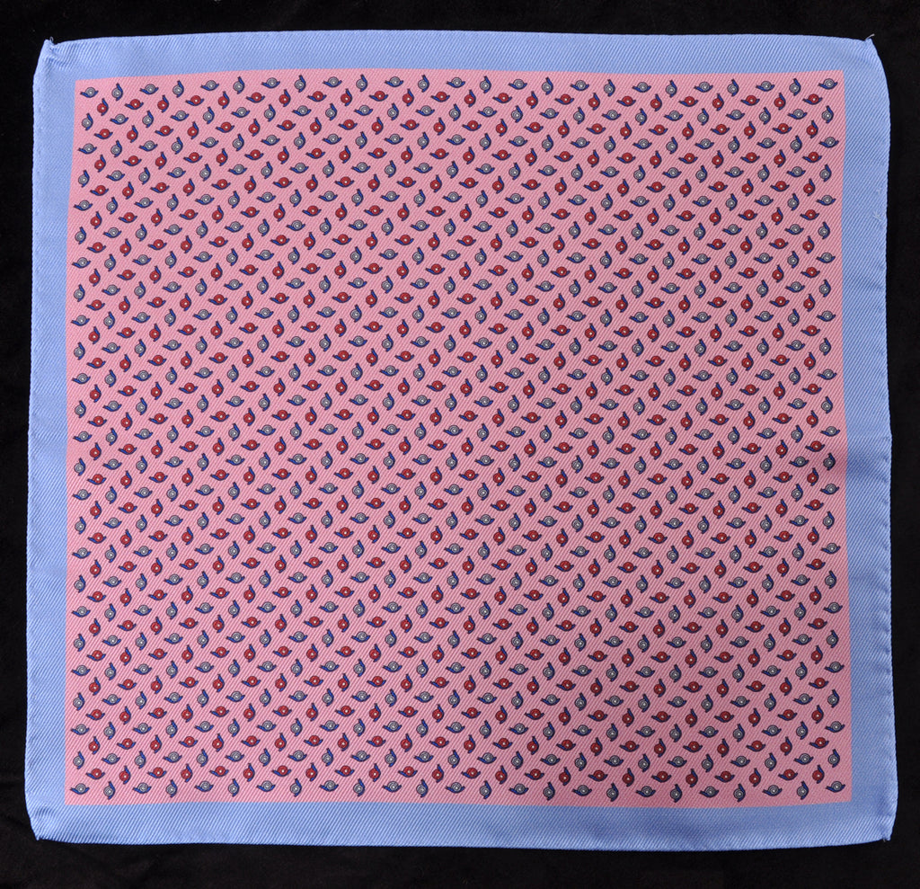 A.Kabbaz-J.Kelly Hand Rolled Italian Silk Pocket Square - Blue-Pink Snails 106