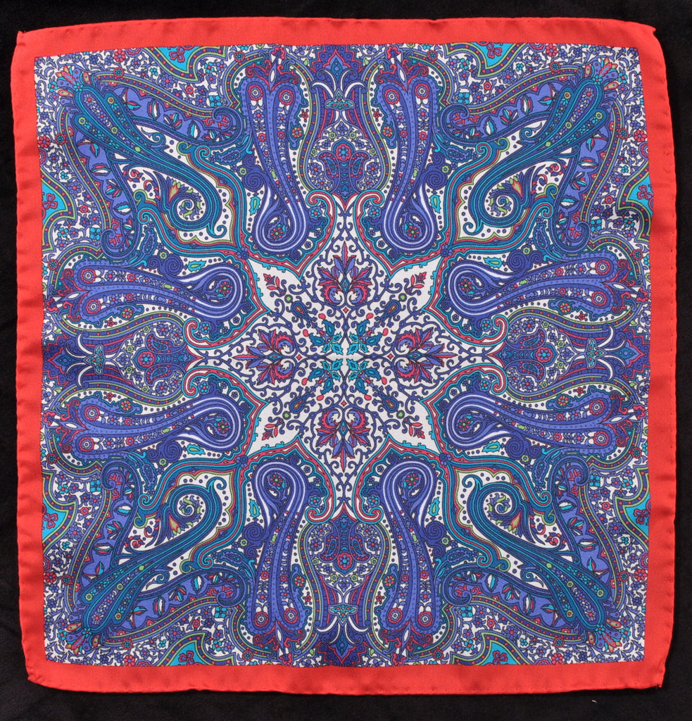 A.Kabbaz-J.Kelly Hand Rolled Italian Silk Pocket Square - Red-Blue Abstract 111