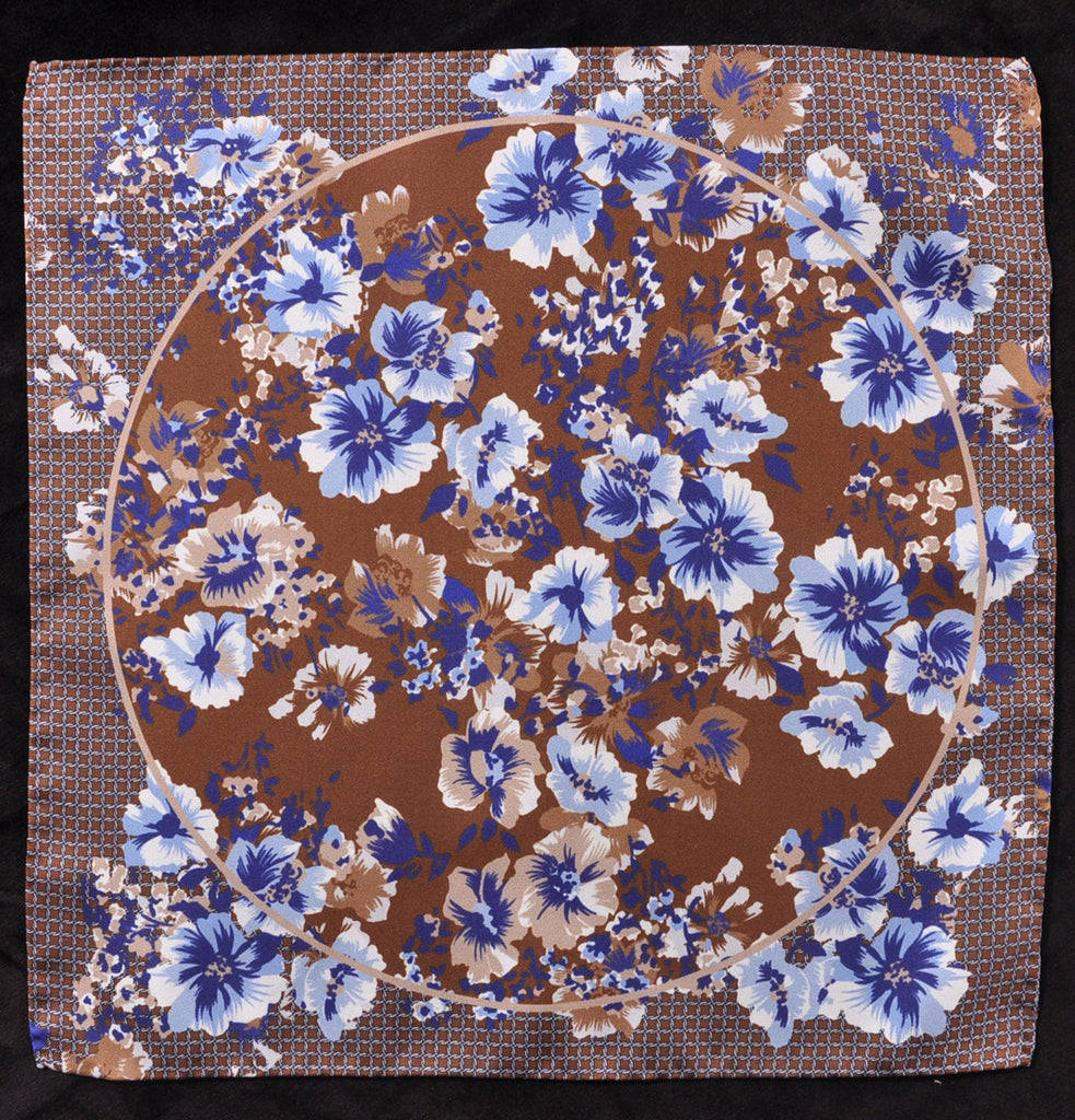 A.Kabbaz-J.Kelly Hand Rolled Italian Silk Pocket Square - Brown Floral 112