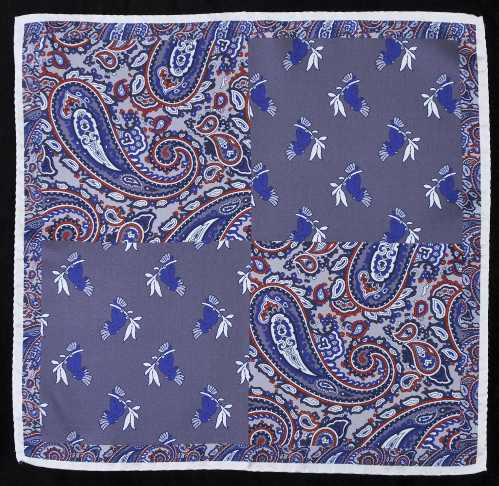 A.Kabbaz-J.Kelly Hand Rolled Italian Silk Pocket Square - Paisley and Parrots in Greys 120