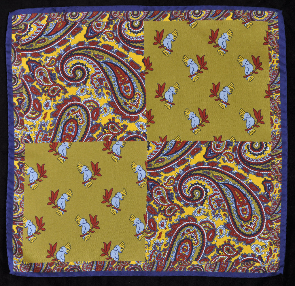 A.Kabbaz-J.Kelly Hand Rolled Italian Silk Pocket Square - Paisley and Parrots in Gold 121