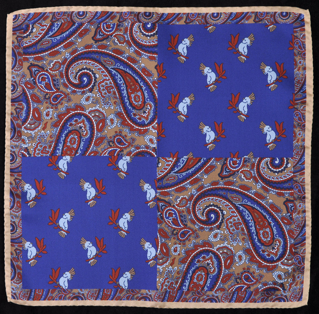 A.Kabbaz-J.Kelly Hand Rolled Italian Silk Pocket Square - Paisley and Parrots in Blue 122