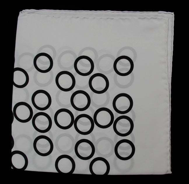 Hand Rolled English Silk Pocket Square - White with Black Circles