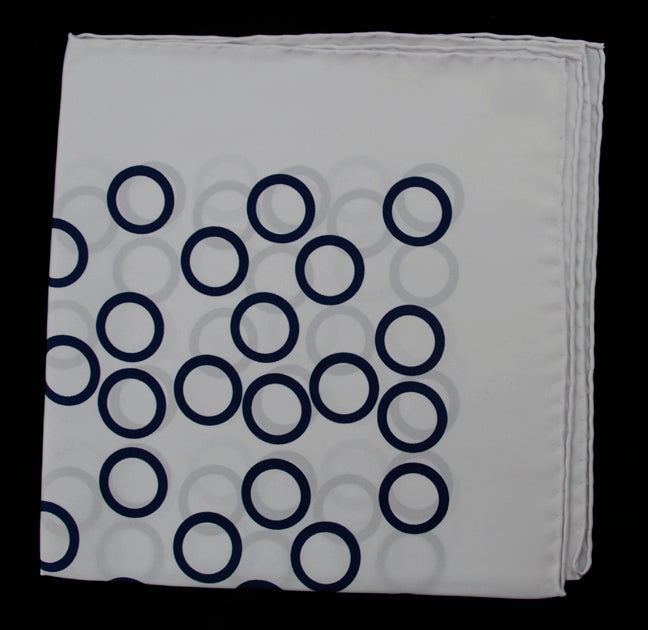 Hand Rolled English Silk Pocket Square - White with Navy Circles