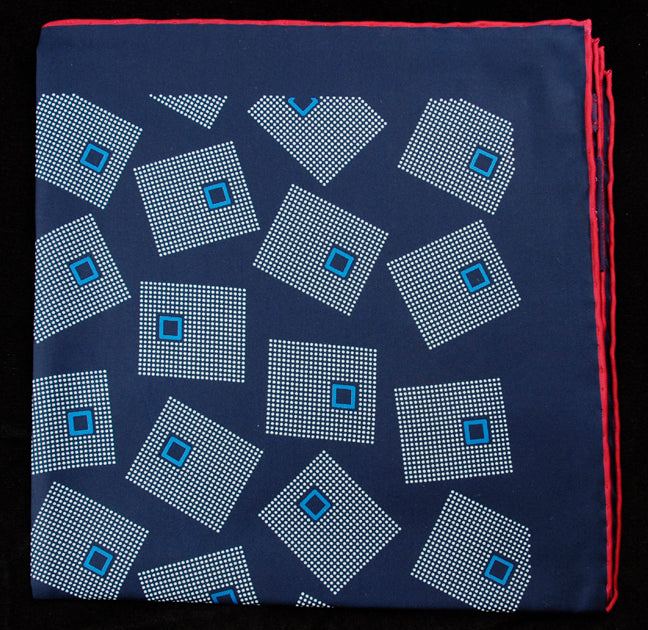 Hand Rolled English Silk Pocket Square - Blue Squares