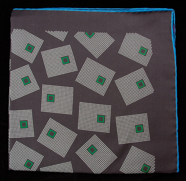Hand Rolled English Silk Pocket Square - Grey Squares