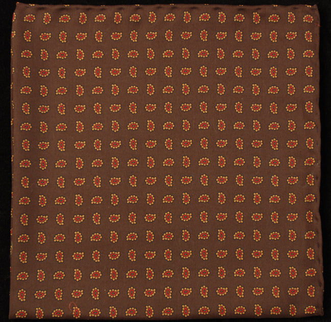 Hand Rolled English Silk Pocket Square - Brown Paisley
