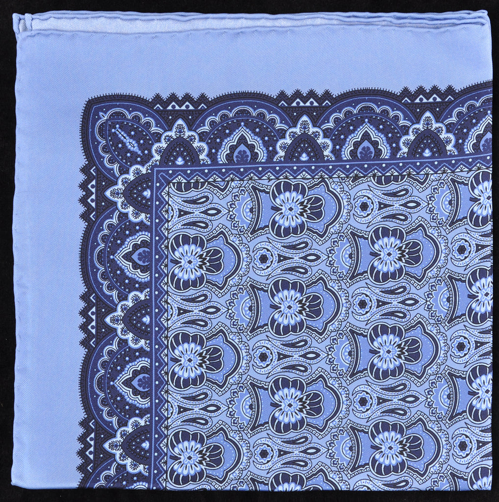 Italian Hand Rolled Pure Silk Pocket Square - Blue/Blue 019