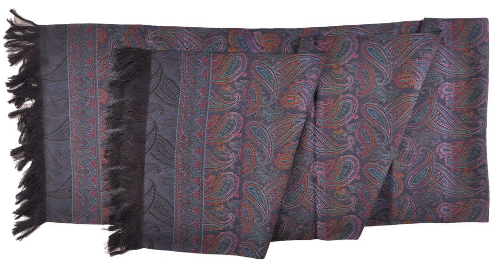 SAMPLE-Only One Available: Butter-Soft Italian Silk Double-Sided 13" x 62" Paisley Scarf Navy with Navy