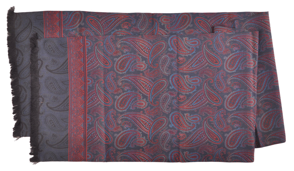 SAMPLE-Only One Available: Butter-Soft Italian Silk Double-Sided 13" x 62" Paisley Scarf Navy with Wine